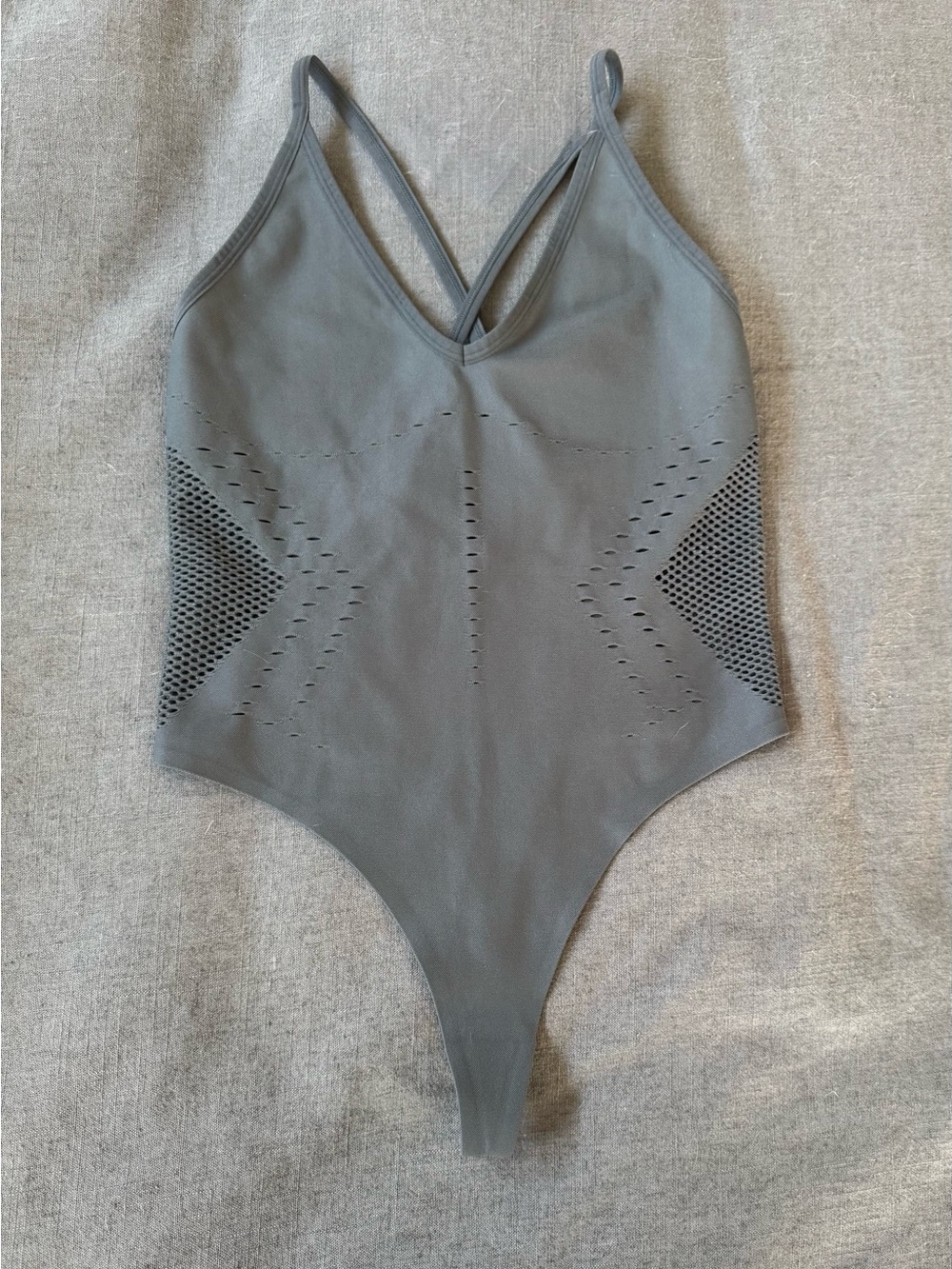 ALO Yoga Olive Green Perforated Bodysuit with Cross-Back Straps - Picture 2 of 8